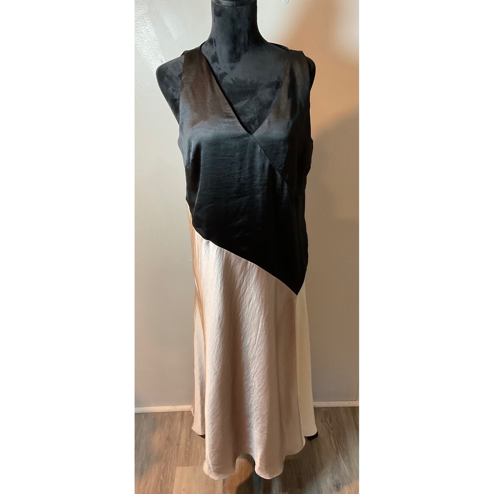 Body on Slip Dress‎ DKNY Colorblock V Neck Satin MIDI  Sz 10 Black Pink Cream - Picture 3 of 13